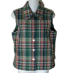 Christopher & Banks Women's Red Green Plaid Button Front Quilted Vest Size Small